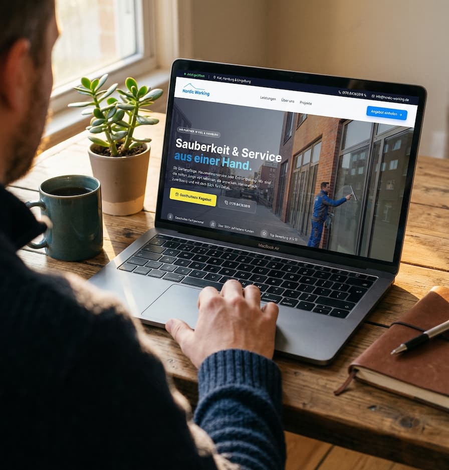 Unternehmer betrachtet seine neue professionelle Website auf dem Laptop